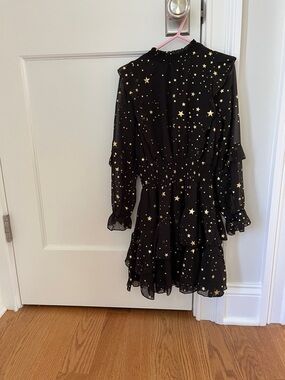 Aqua Girls Black Dress with Gold Star Print